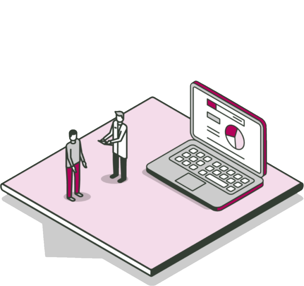 Patient support specialist reviewing healthcare access and treatment data through a digital patient management platform