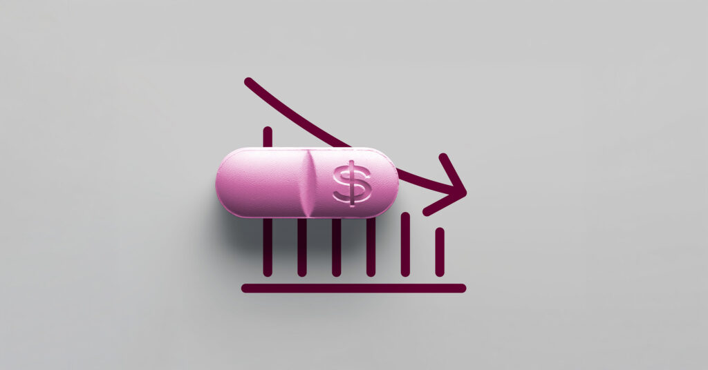 Pharmaceutical pricing and affordability graphic showing a medication capsule over a declining cost trend line, representing adverse finding patterns, drug pricing analysis, healthcare economics, and market access challenges.
