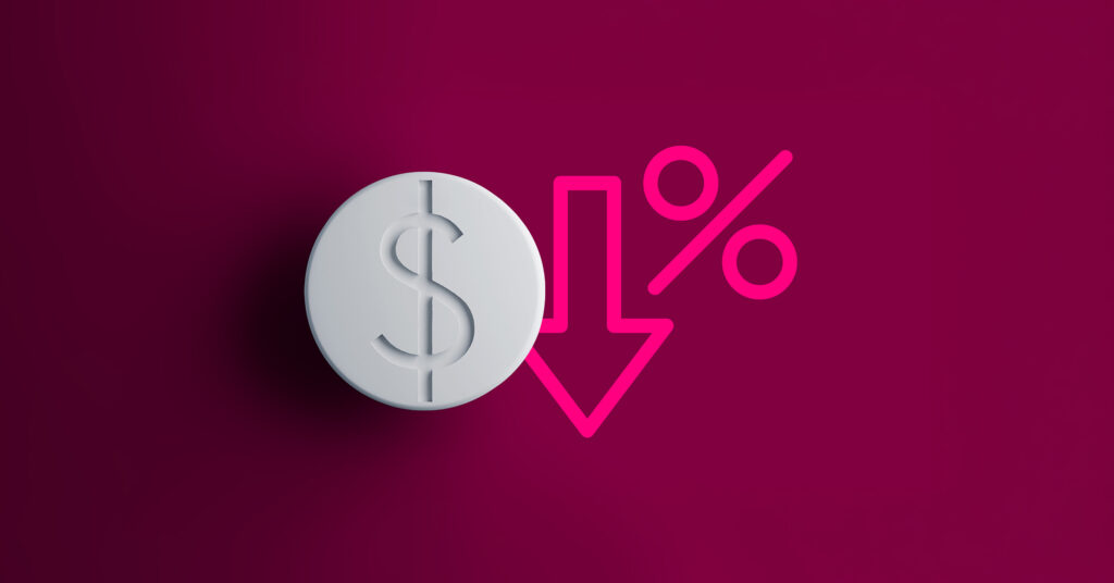 Dollar symbol coin with downward arrow and percentage sign representing drug affordability, cost reduction, copay assistance programs, patient financial support, and medication access solutions.