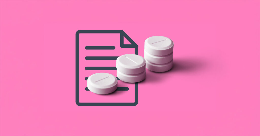 Prescription document and medication tablets representing pharmaceutical access, therapy initiation, prescription fulfillment, patient support services, and medication adherence programs.