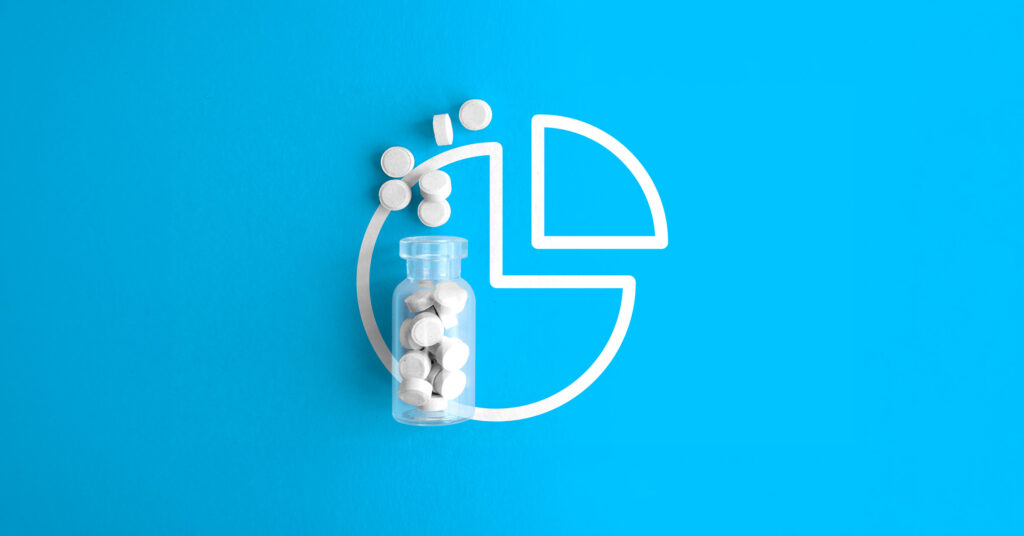 Medication bottle and tablets displayed with a chart graphic representing pharmaceutical data analysis and adverse event detection