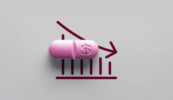 Pharmaceutical pricing and affordability graphic showing a medication capsule over a declining cost trend line, representing adverse finding patterns, drug pricing analysis, healthcare economics, and market access challenges.